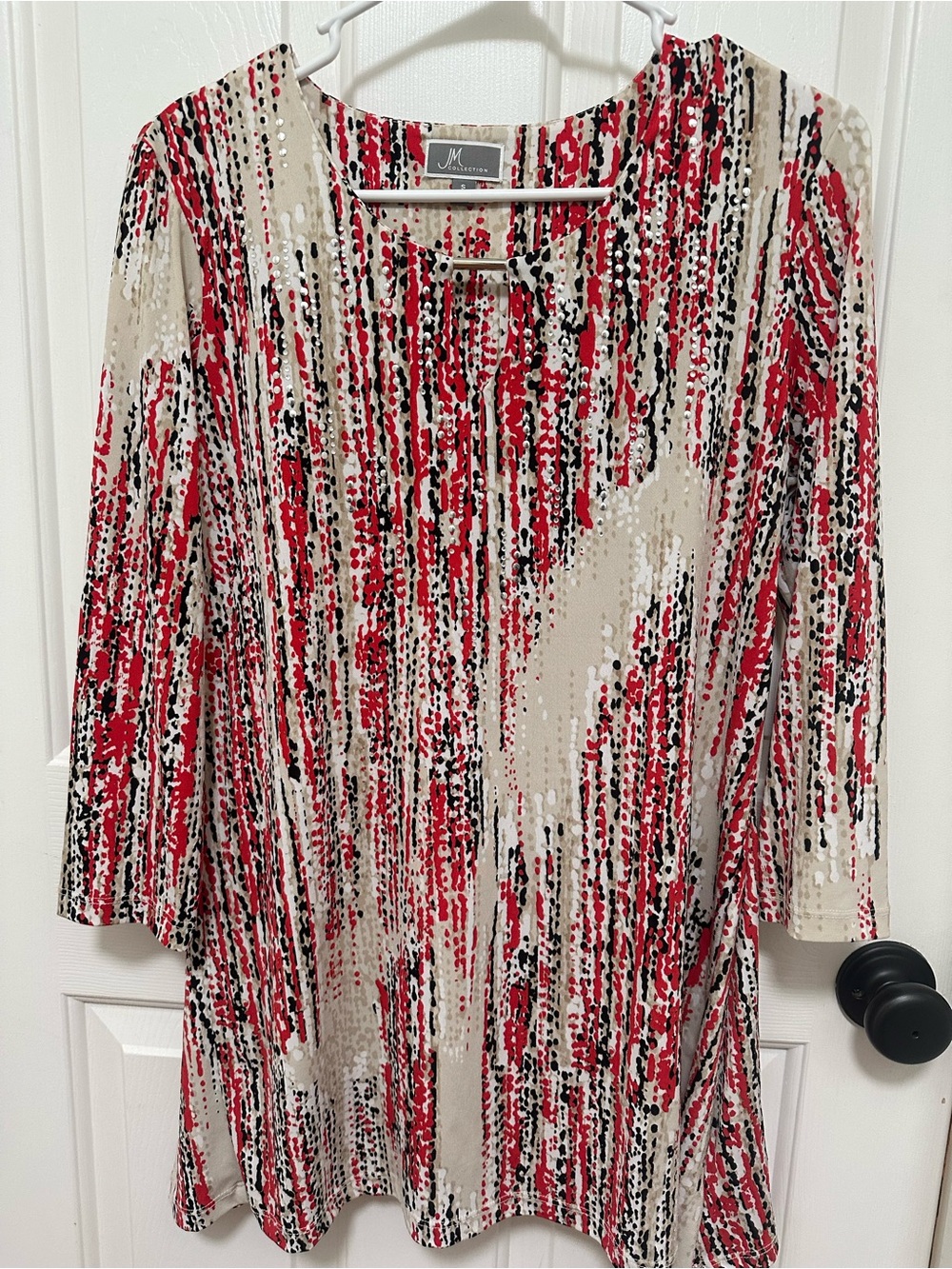 0258 JM Collection Red, Black & Cream Abstract Stripe Tunic size small